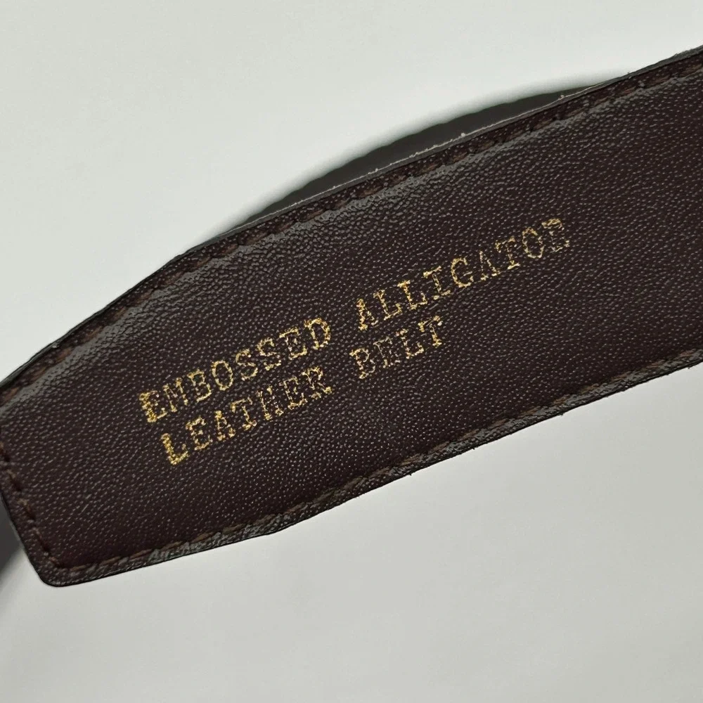 Mens Dark Brown Embossed Alligator Leather Belt Two-Tone Gold Silver Buckle 39.5
